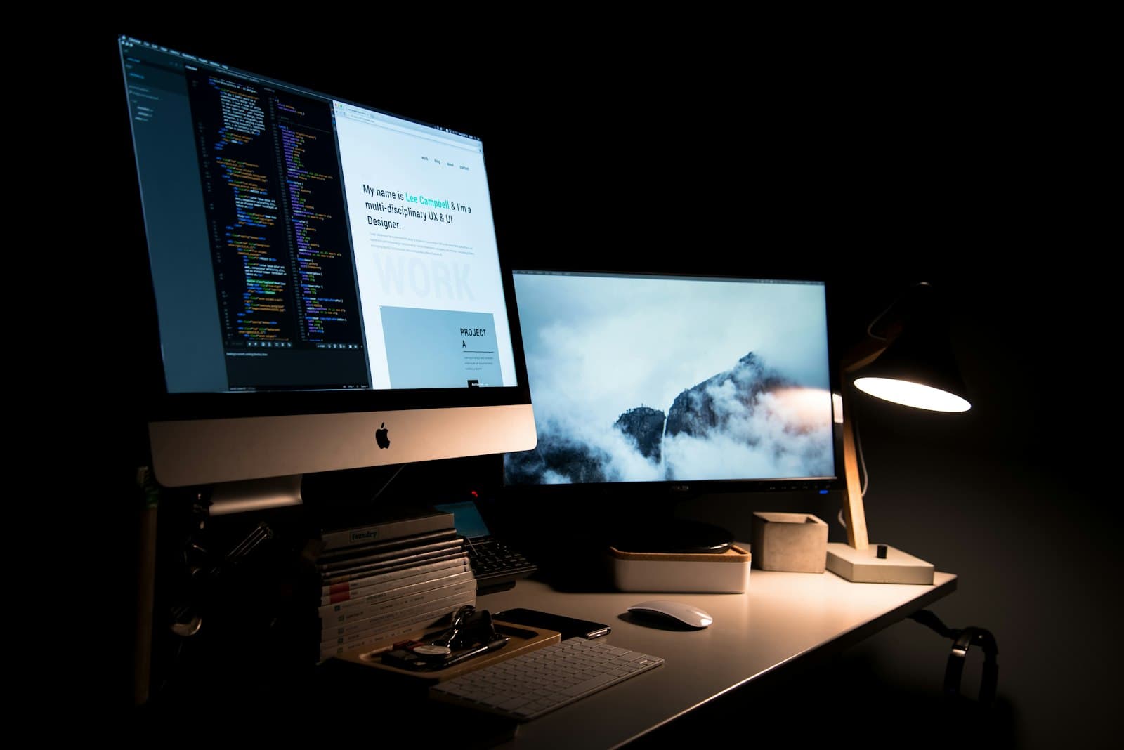 Web development workspace with code on screen